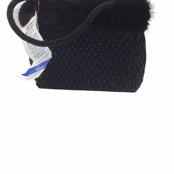 Mitchie’s Black Beaded Evening Bag Faux Fur Trim Top Handle Purse NWT Vintage - Picture 5 of 16